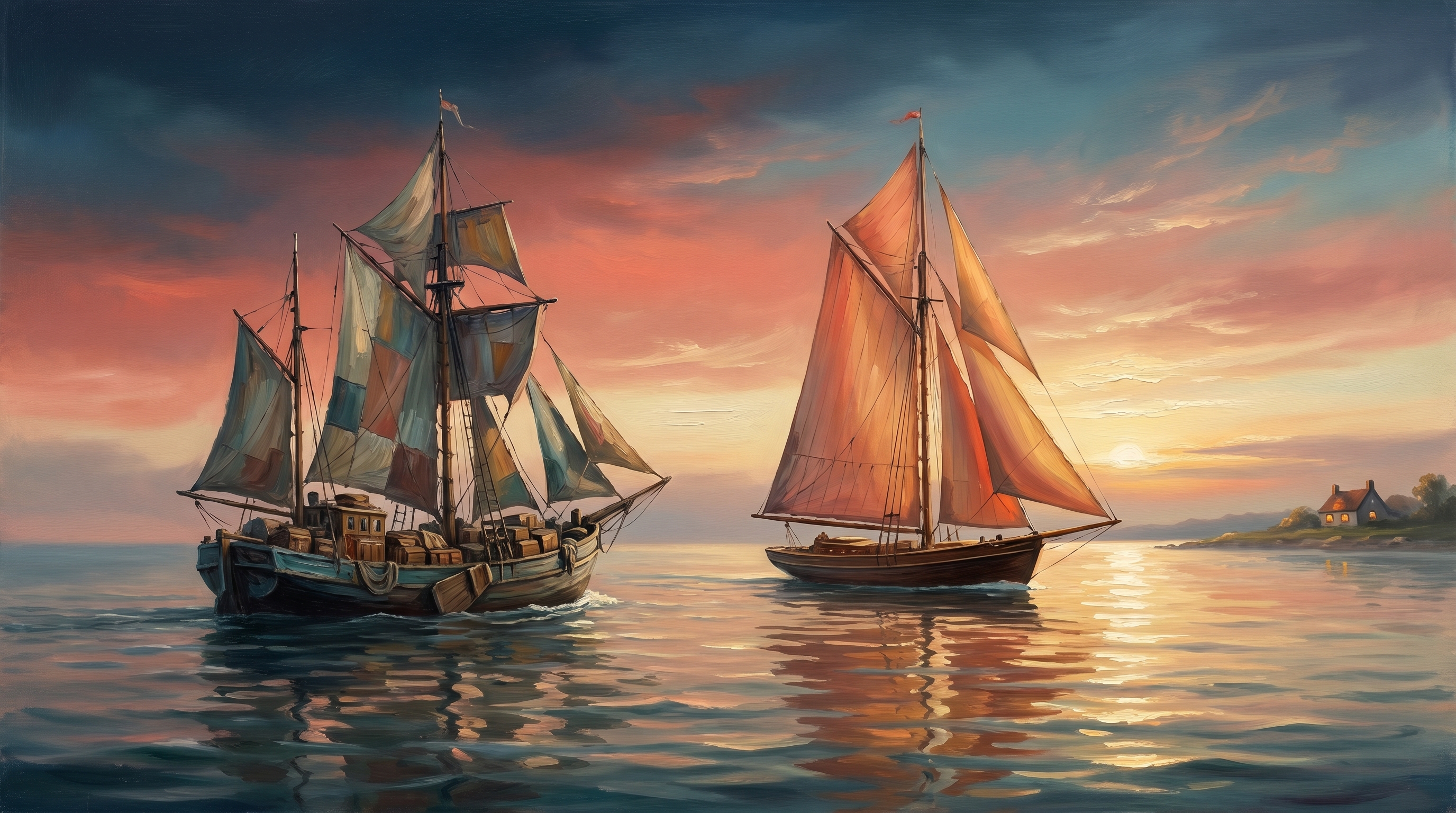 Oil painting at dawn: two boats on the same sea. The left boat is overloaded with mismatched patched sails and cargo, riding low in the water, Elementor with all its plugin weight. The right boat is the trim SailWP sailboat with clean coral sails, riding high and gliding forward.