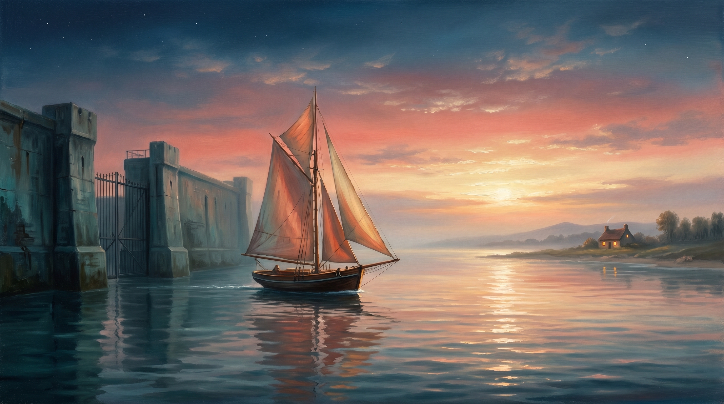 Oil painting of a sailboat leaving a grey stone harbor at dawn, sailing across calm water toward a distant coastline with a small warmly-lit cottage on the horizon, visual metaphor for migrating from Wix to a SailWP site you own.