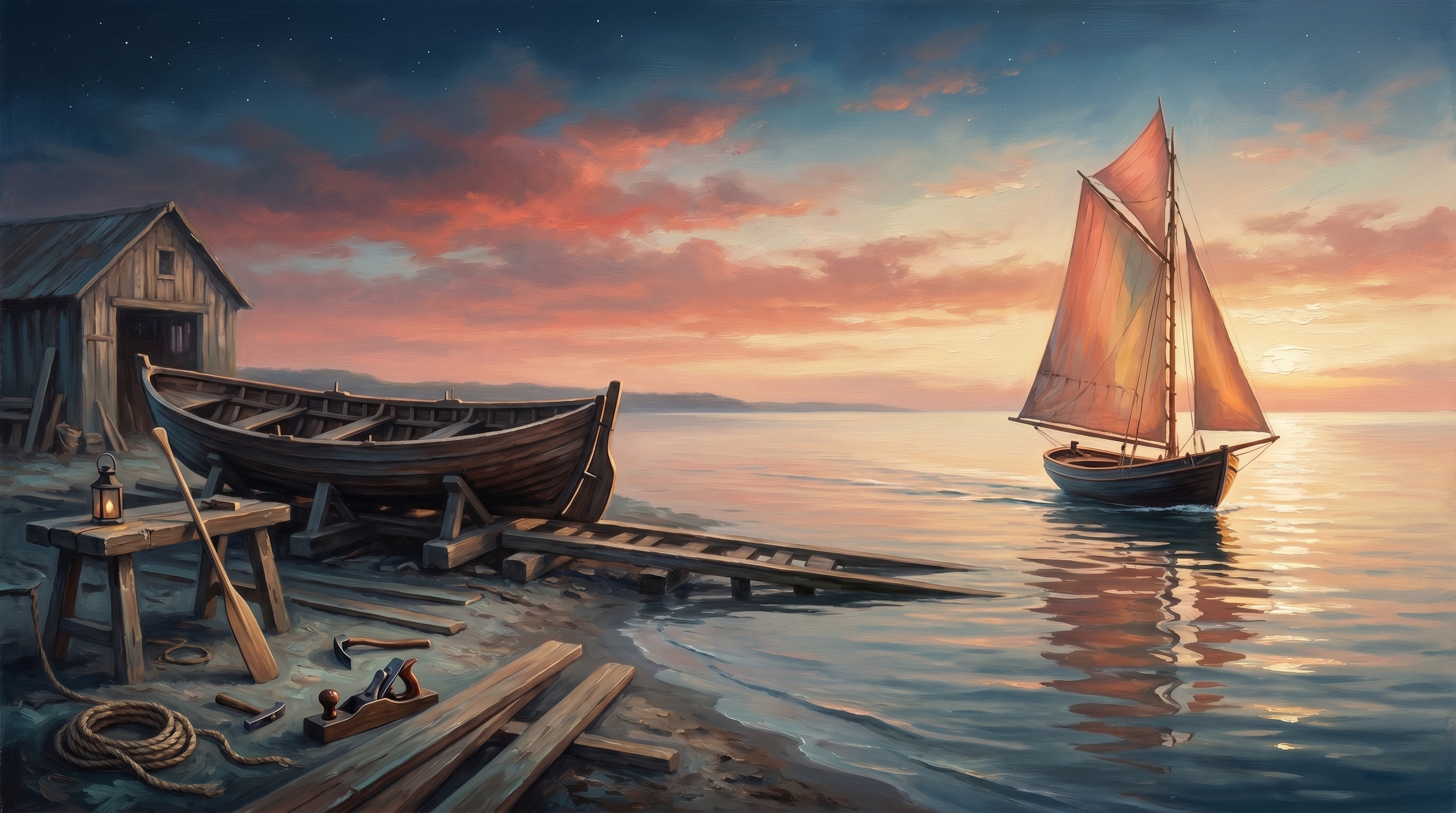 Oil painting at dawn: on the left, a bare wooden boat hull in a quiet boatyard surrounded by tools and raw materials, raw WordPress before assembly. On the right, the same boat is fully rigged with warm coral sails, gliding peacefully on sunlit water, SailWP.